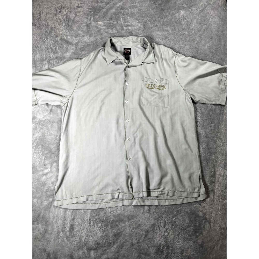 Harley Davidson Shirt Mens 2XL Gray Hawaii Style Button Up %100 Silk